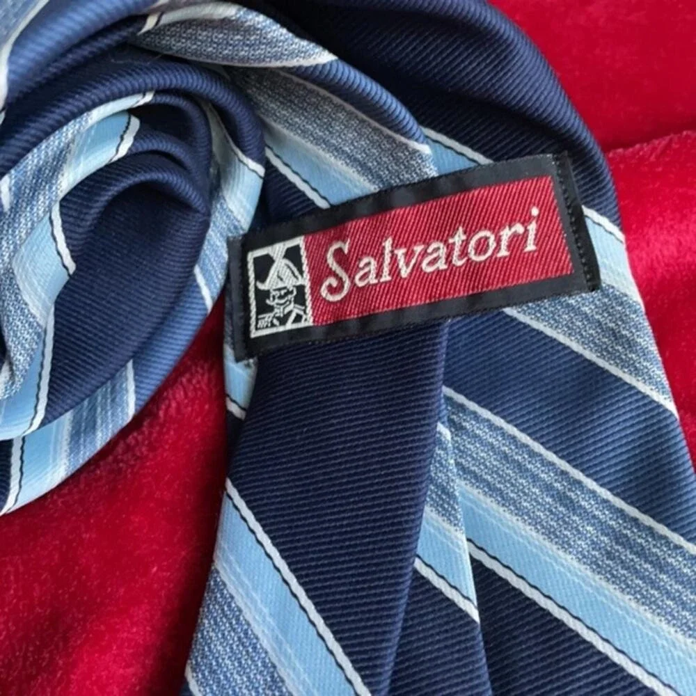 Vintage Salvatori Men Navy Blue‎ Diagonal Striped Classic Necktie Tie